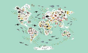 Mapa świata ze zwierzętami i ludźmi Plakat